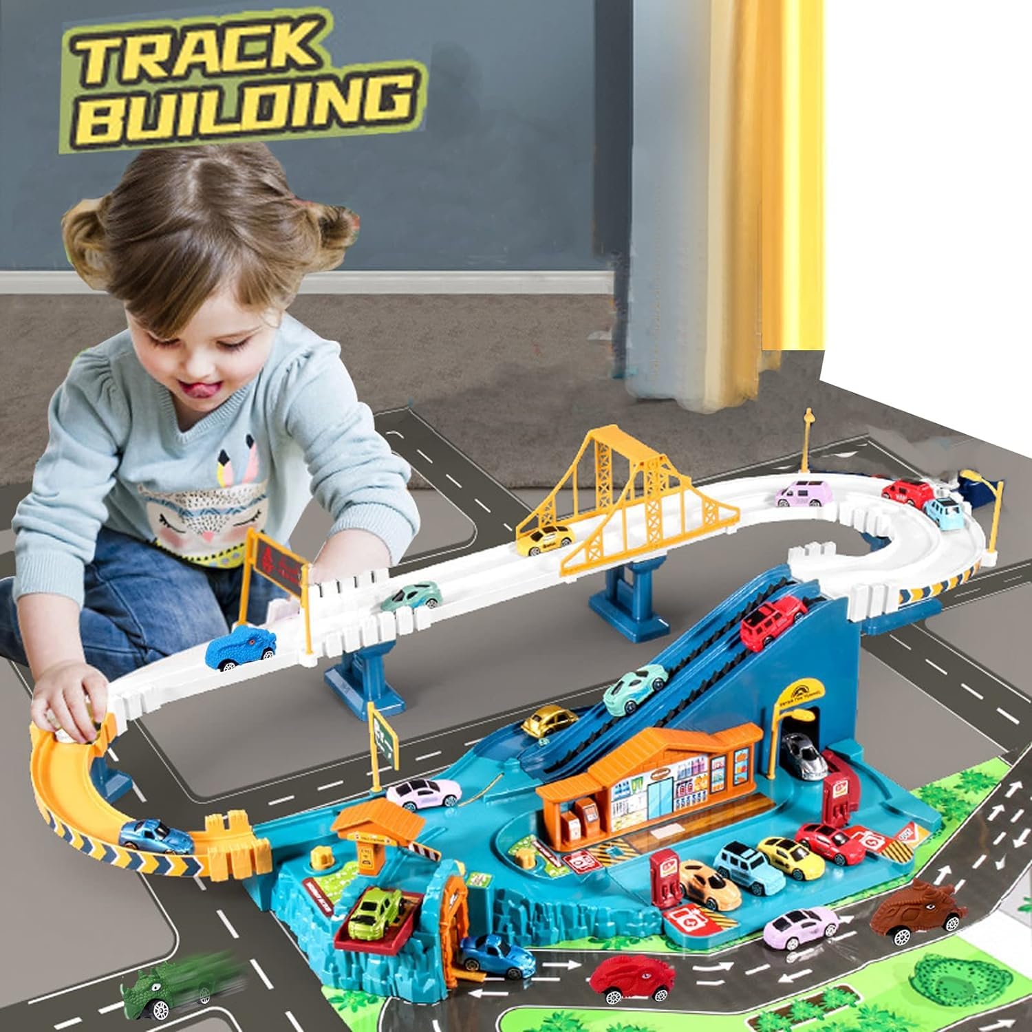 City Urban Highway Gas Station Includes  Car Track Set for Kids