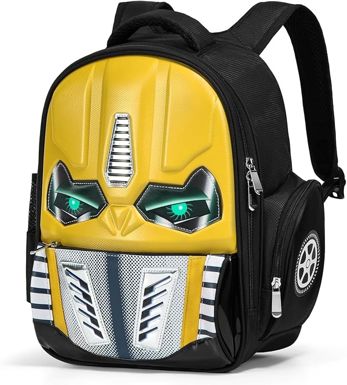 3D School Backpack with Luminous Eyes- Waterproof Lightweight Backpack for Kids- Yellow