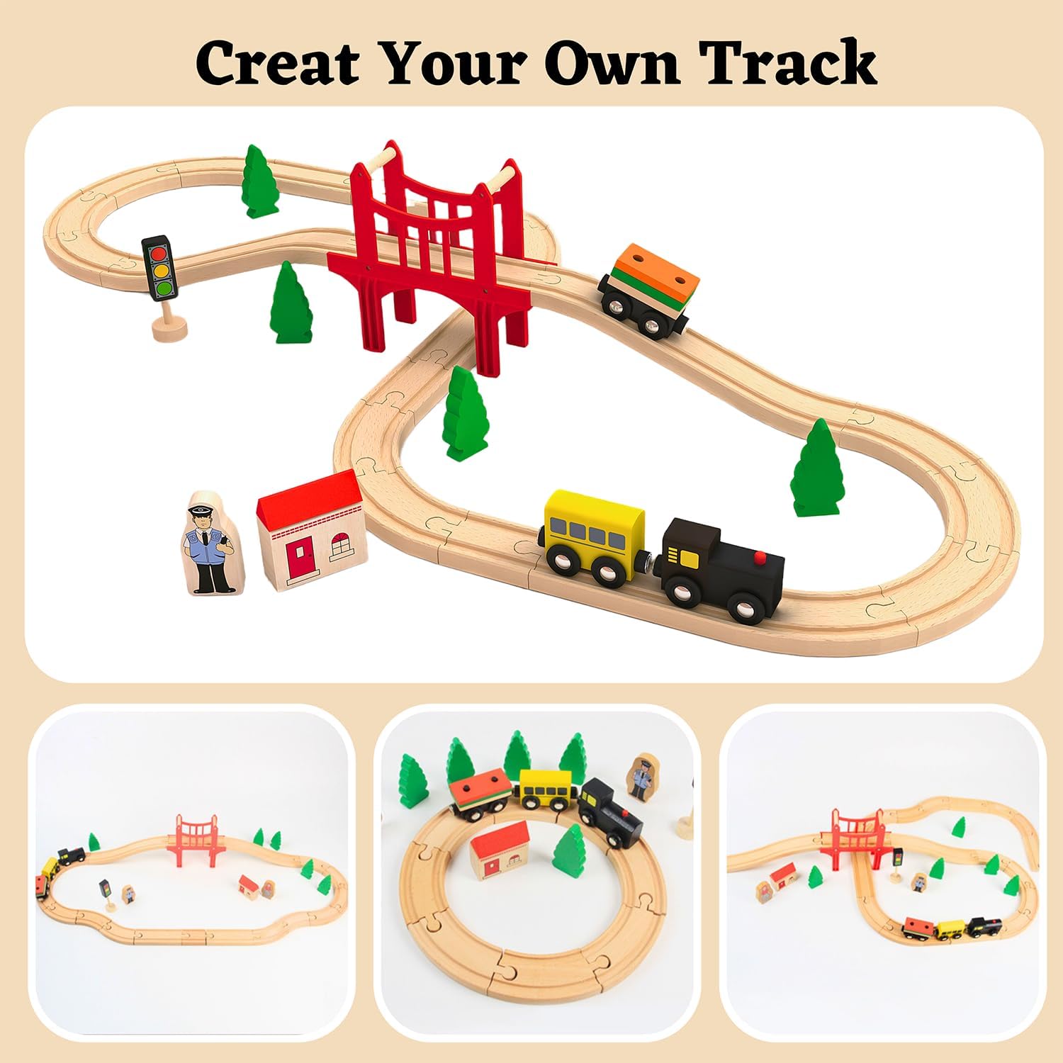 39 PCS Wooden Train Set with Tracks, Vehicles Toys