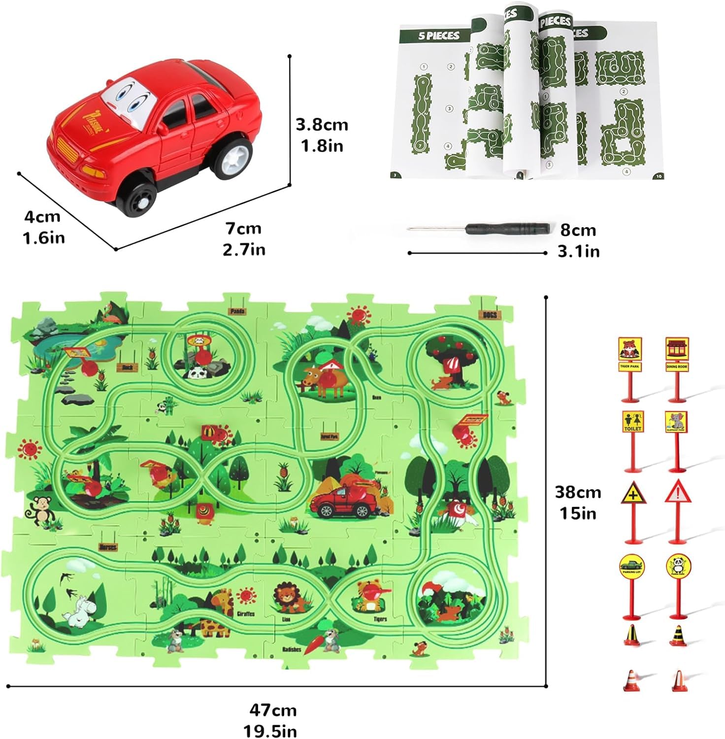 25 pcs Car Puzzle Track Set for Kids with A Cute Vehicle Toddler Puzzle Track Play Set- Jungle Theme