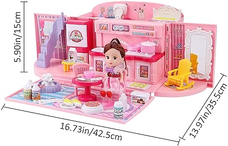 2-in-1 Light & Music Portable Pink Doll House Play Set with Carry Case and Doll – Mini Doll House in a Stylish Handbag- Great Gift for Kids