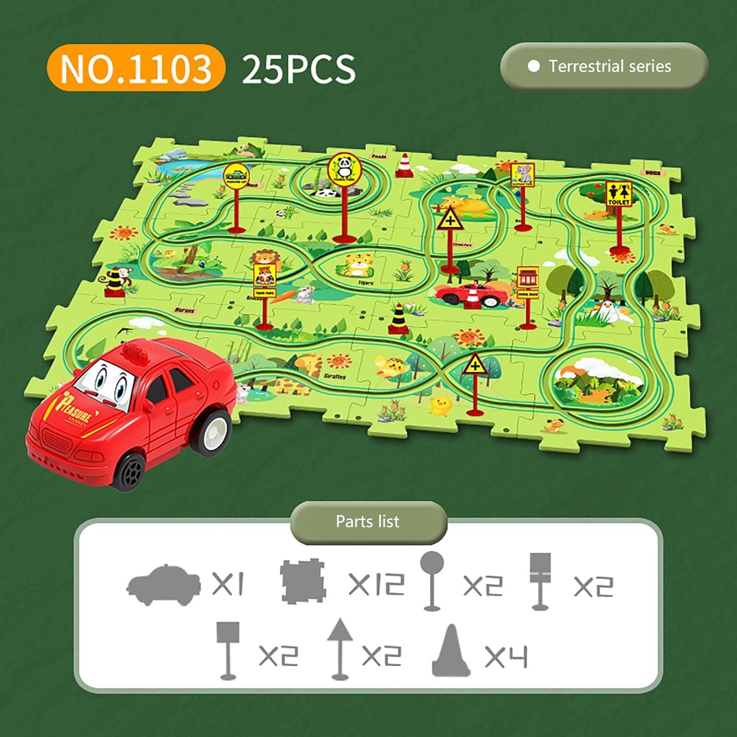 25 pcs Car Puzzle Track Set for Kids with A Cute Vehicle Toddler Puzzle Track Play Set- Jungle Theme