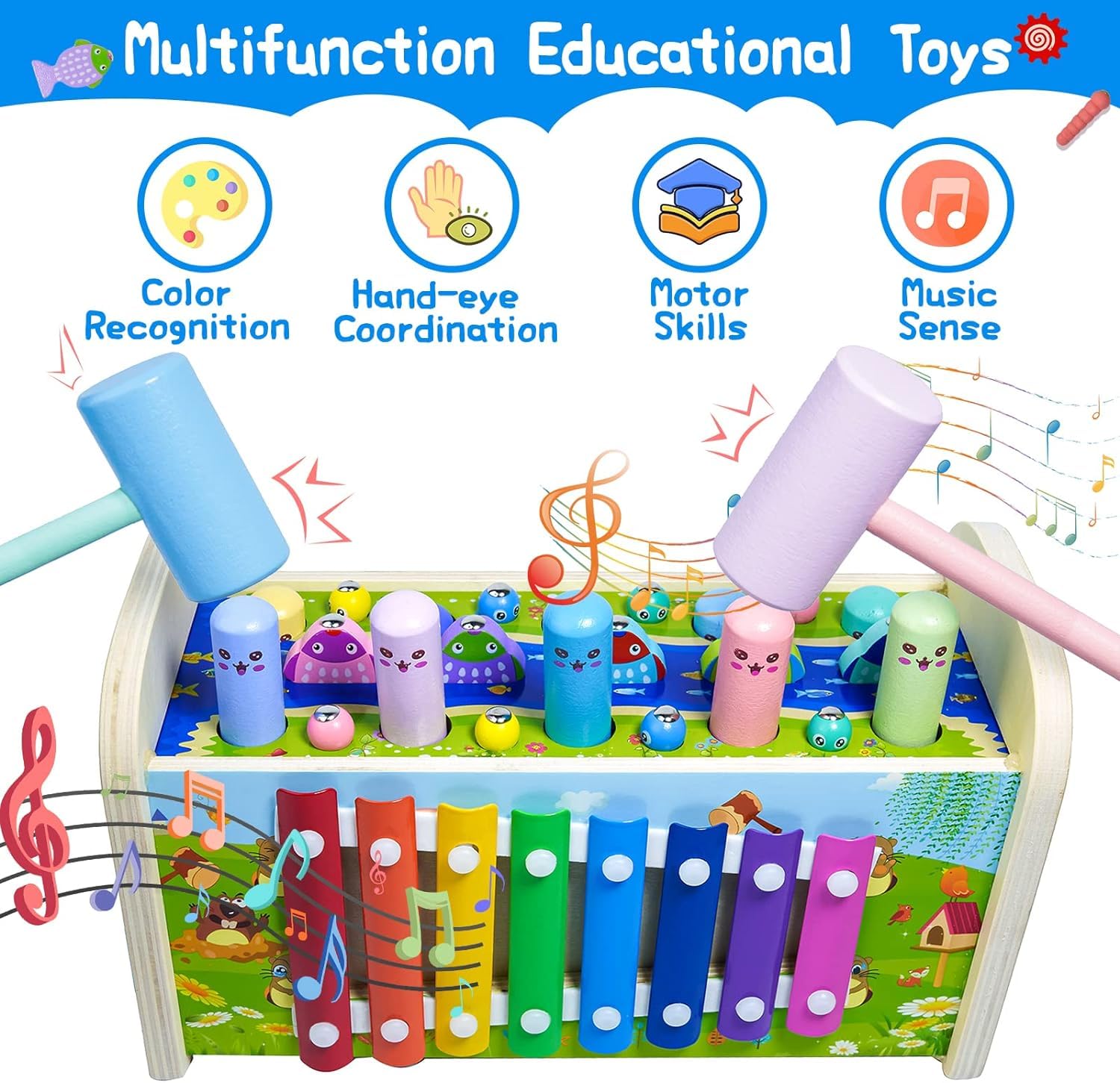 7 in 1 Multiactivity Wooden Montessori Fishing- Xylophone toys