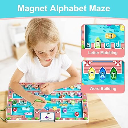 Magnetic Alphabet & Spelling Maze Puzzle- Wooden Fine Motor Skills Toys - Learn ABC & Spellings- Matching Game for Toddlers-Travel Games for Kids- Yacht