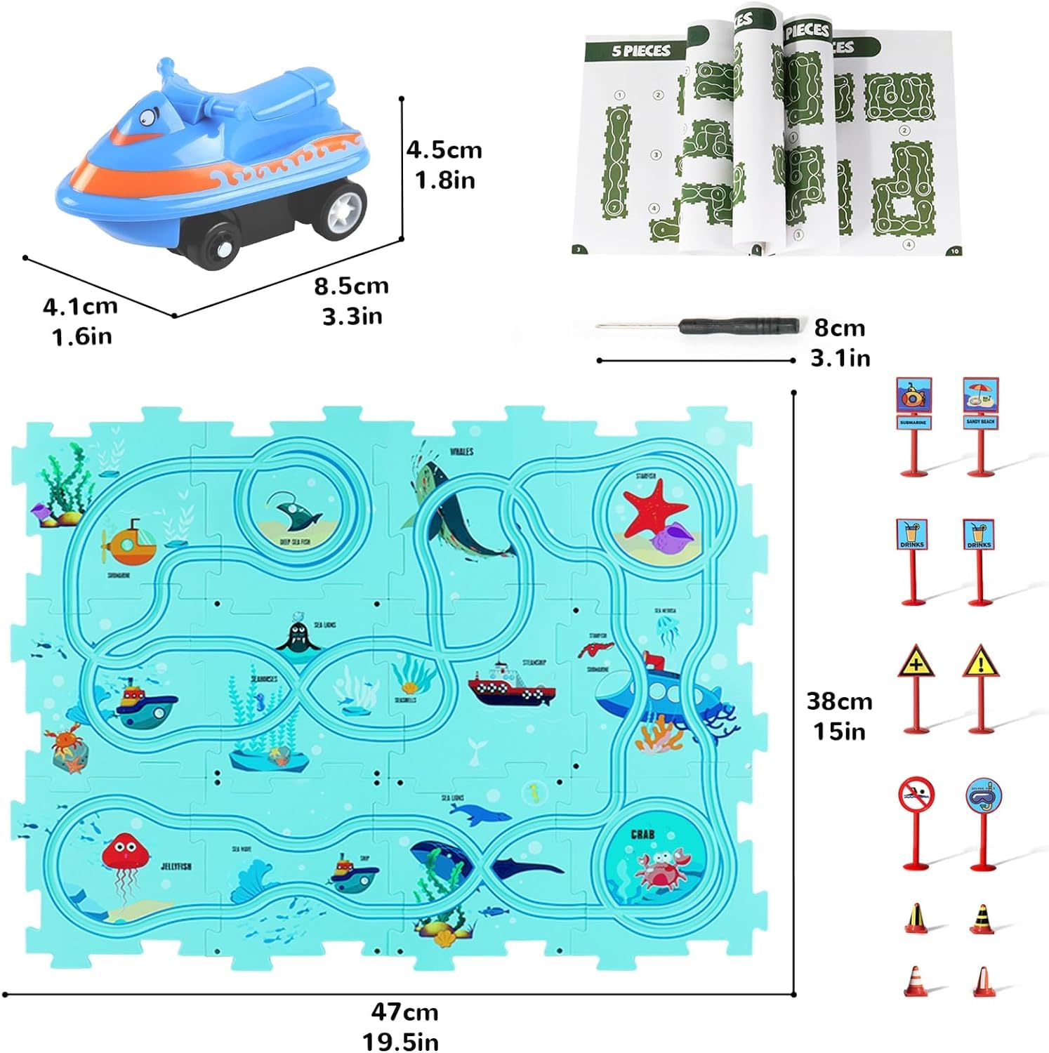 25 pcs Car Puzzle Track Set for Kids with A Cute Vehicle Toddler Puzzle Track Play Set- Ocean Theme