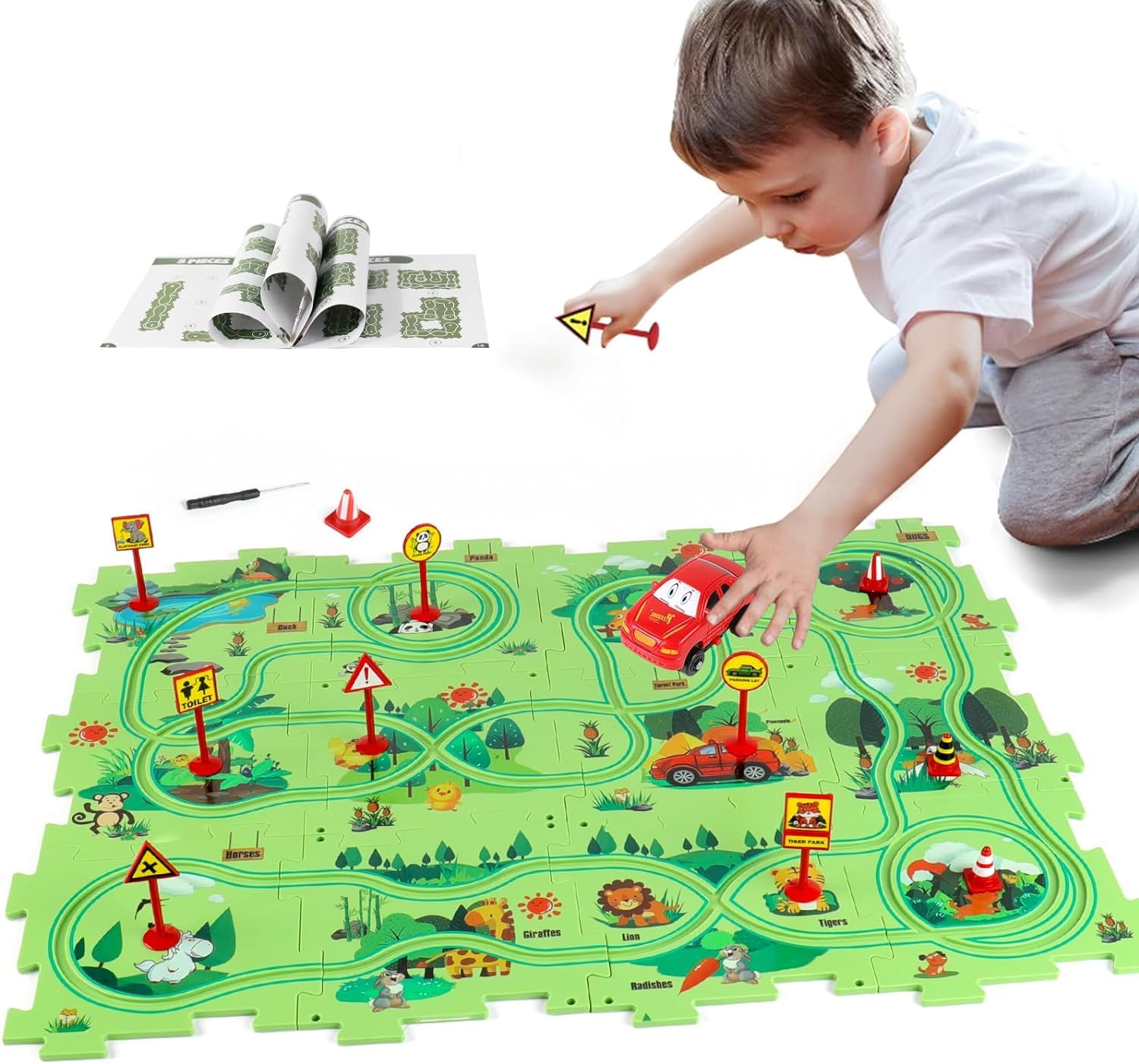 15 pcs Car Puzzle Track Set for Kids with A Cute Vehicle Toddler Puzzle Track Play Set- Jungle Theme