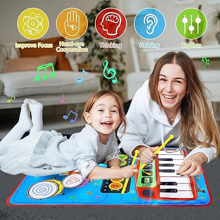 2 in 1 Musical Mat for Toddlers-Musical Toys- Piano Keyboard & Drum for Toddlers- Early Education Toys for Baby Girls Boys