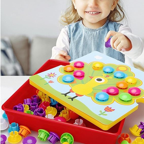 Button Art Toy for Toddlers, 46 Buttons and 12 Pictures, Toddler Activities Crafts, Early Learning Educational Mosaic Pegboard, Color Matching