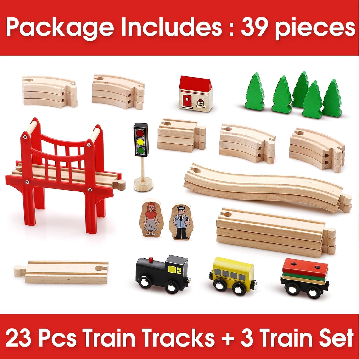 39 PCS Wooden Train Set with Tracks, Vehicles Toys