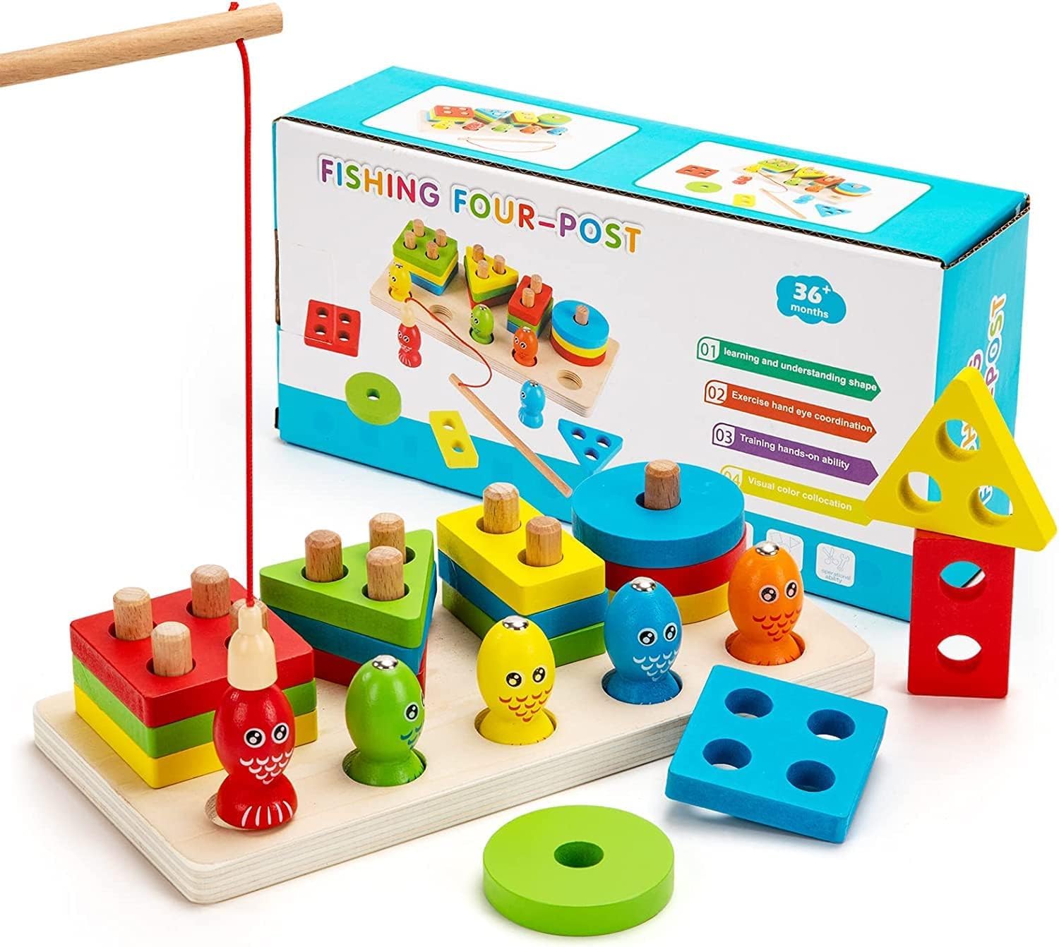 2 in 1 Wooden Geometric Sorting & Stacking Toy & Magnetic Fishing Game