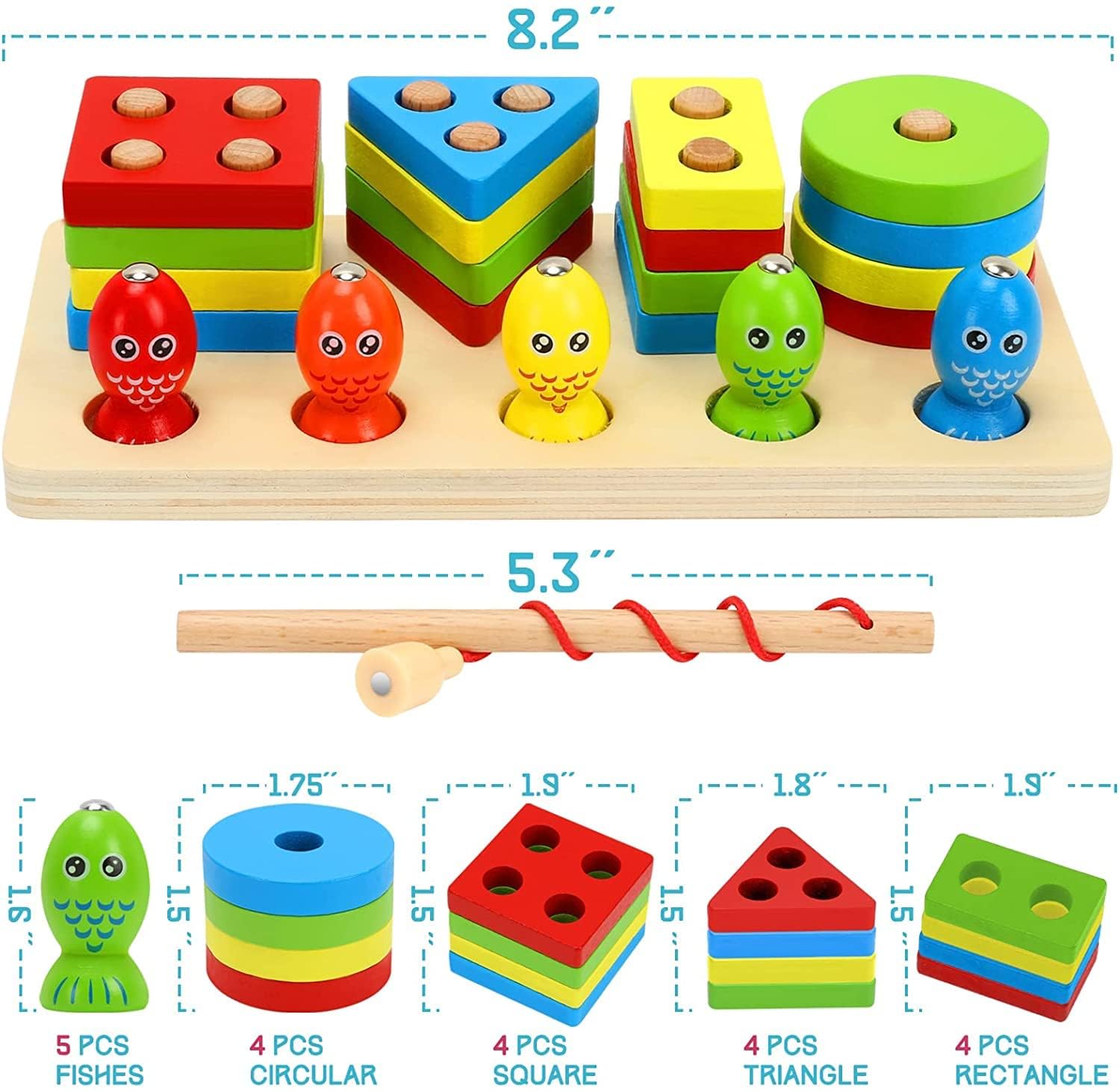 2 in 1 Wooden Geometric Sorting & Stacking Toy & Magnetic Fishing Game