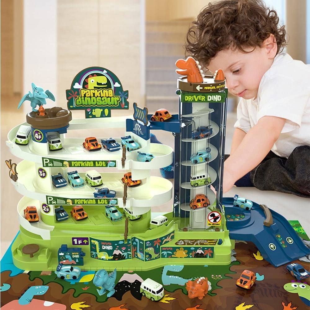 Dinosaur 4 Car Parking Race Track Set - Light & Music 3 Level Parking Lot Toy - Automatic & Manual Playset