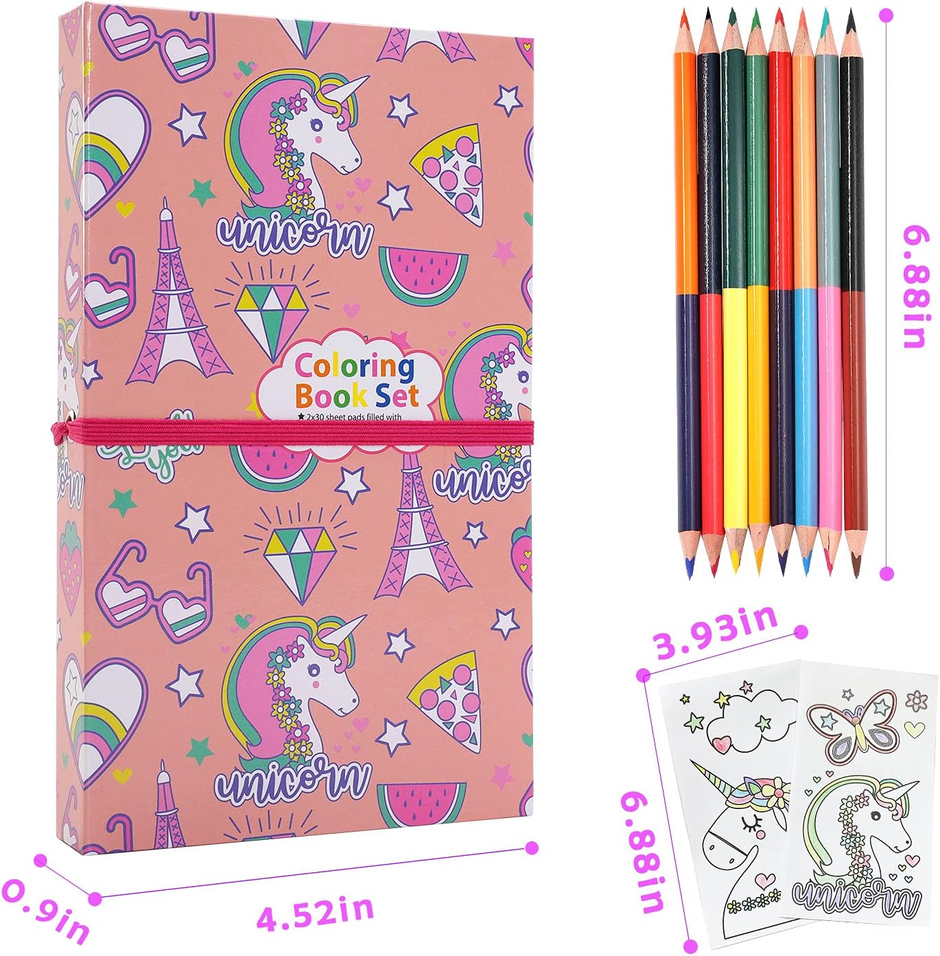 Travel Coloring Kit for Kids- No Mess Unicorn Coloring Set with 60 Coloring Pages and 8 double sided Coloring Pencils