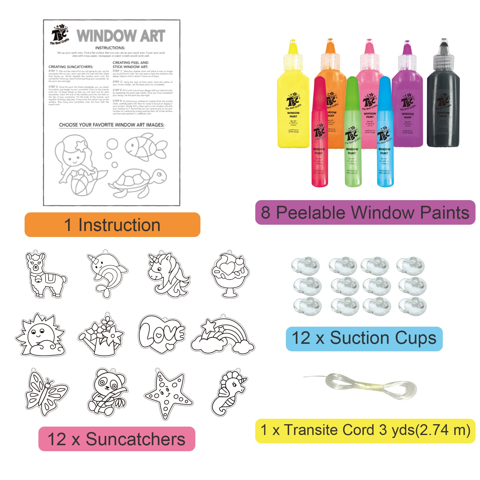 DIY Glitter Window Art for Kids-12 Suncatchers- 8 Peelable Window Paints Stained Glass Effect Acrylic Arts & Crafts Kit