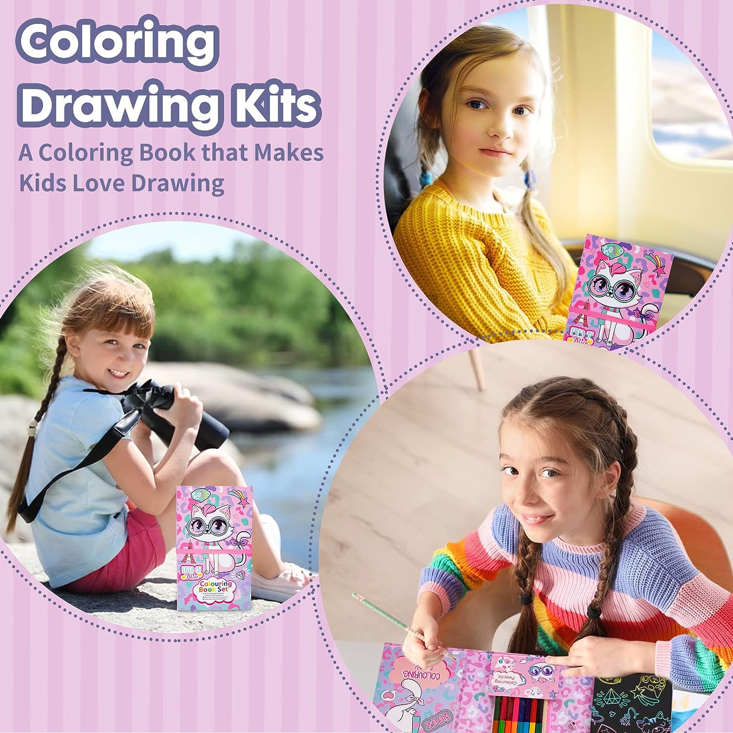 Travel Coloring Kit for Kids- No Mess Cat Coloring Set with 60 Coloring Pages and 8 double sided Coloring Pencils