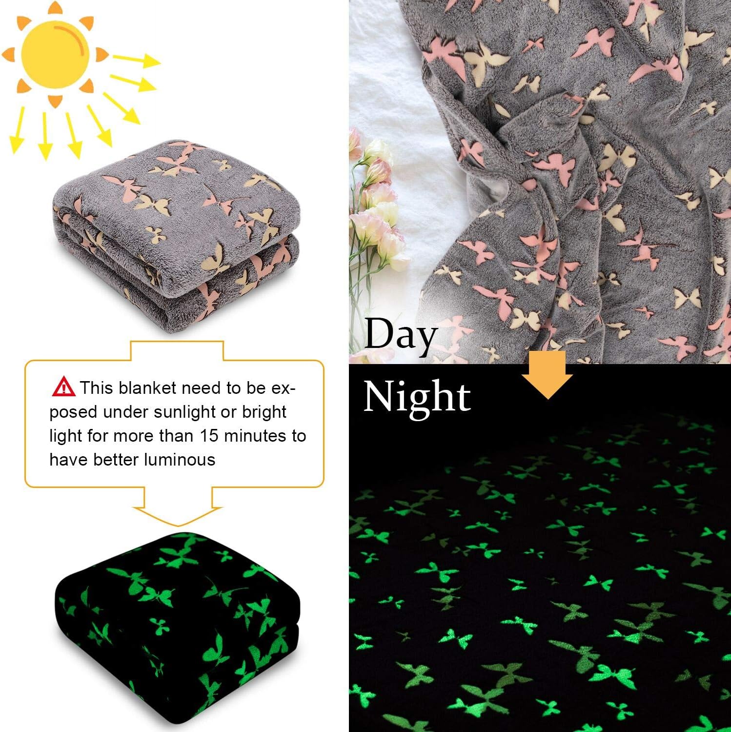 Butterfly Black Glow in The Dark Soft & Cozy Blanket- 80 x 60 inch