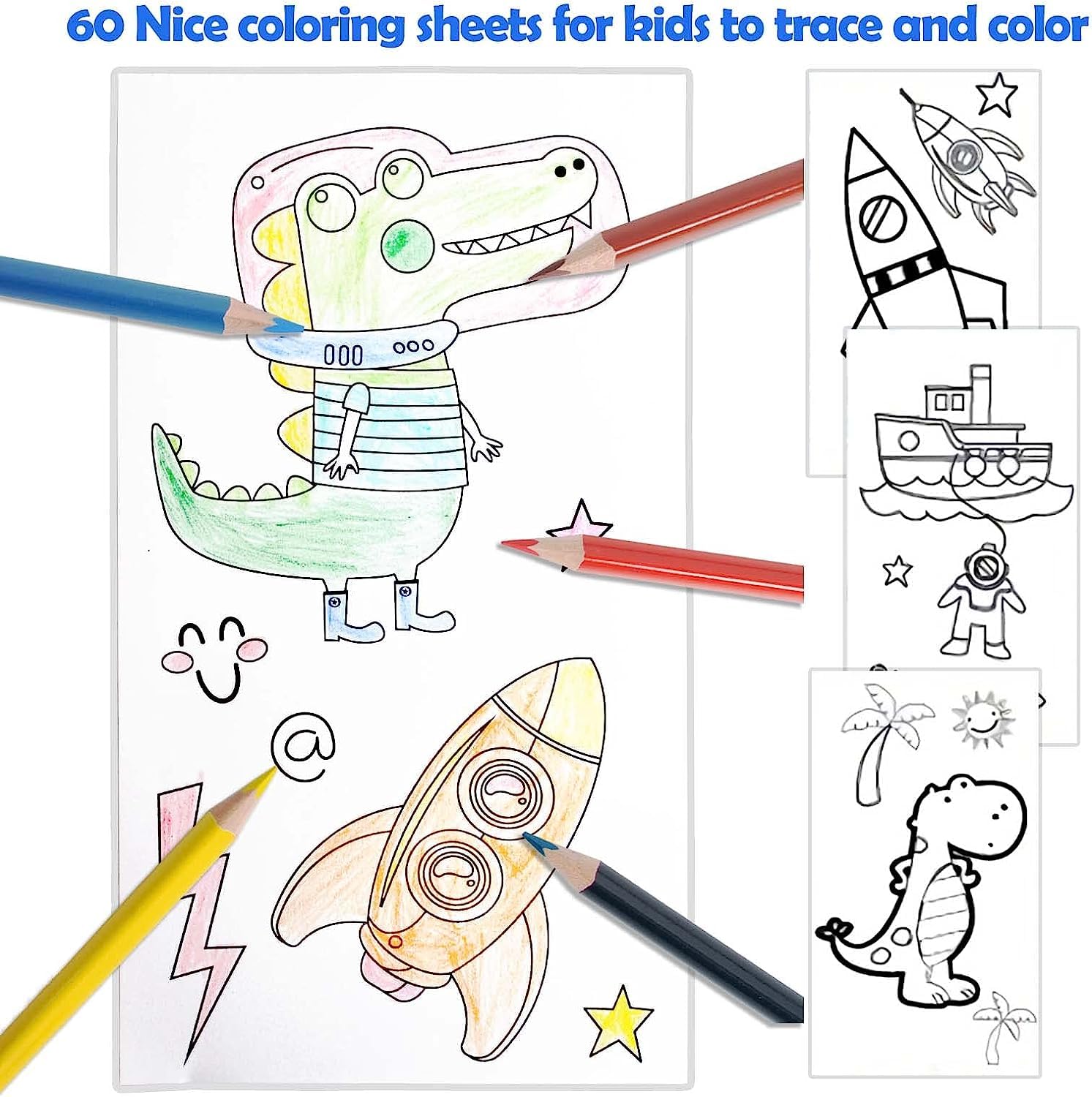 Travel Coloring Kit for Kids- No Mess Space Coloring Set with 60 Coloring Pages and 8 double sided Coloring Pencils