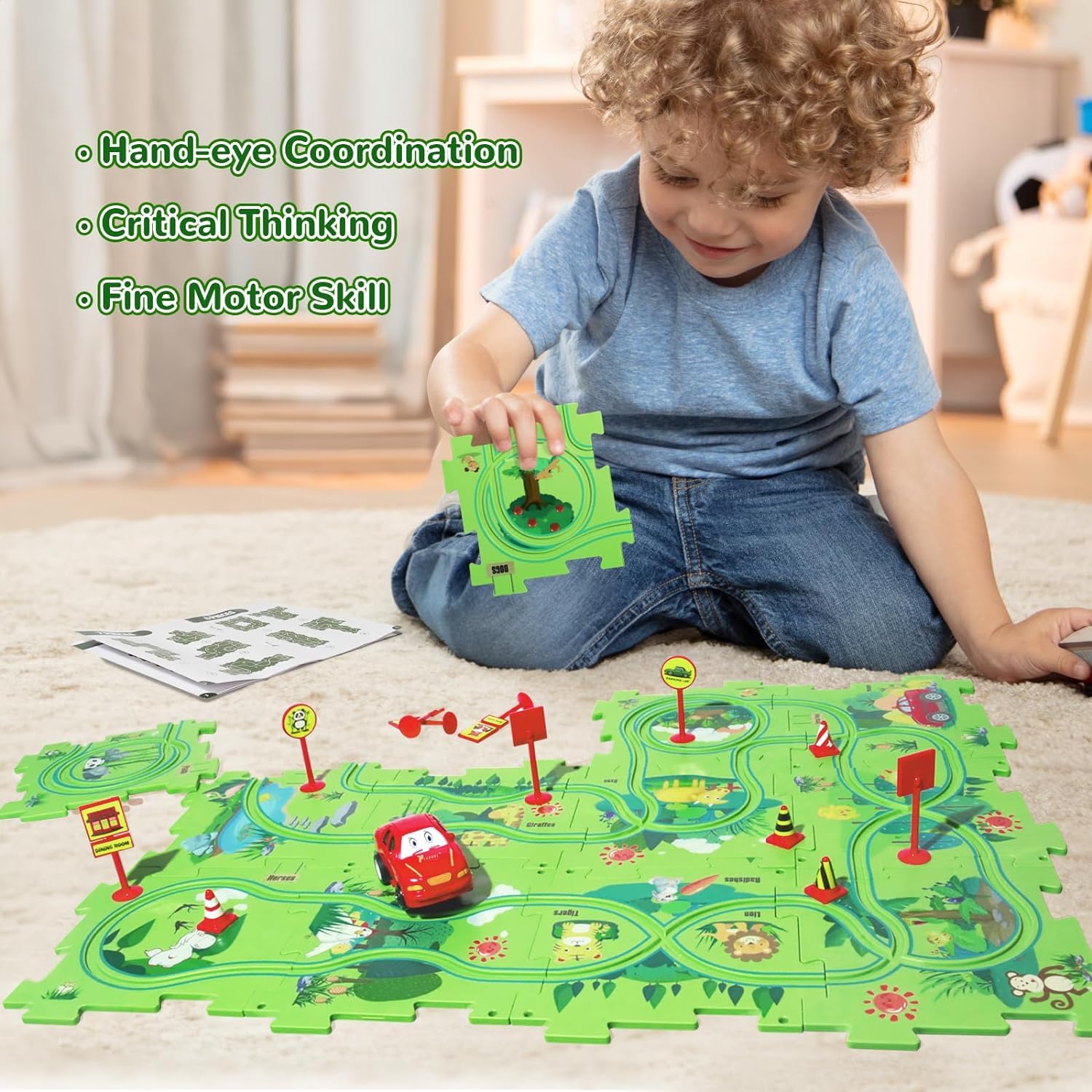 25 pcs Car Puzzle Track Set for Kids with A Cute Vehicle Toddler Puzzle Track Play Set- Jungle Theme