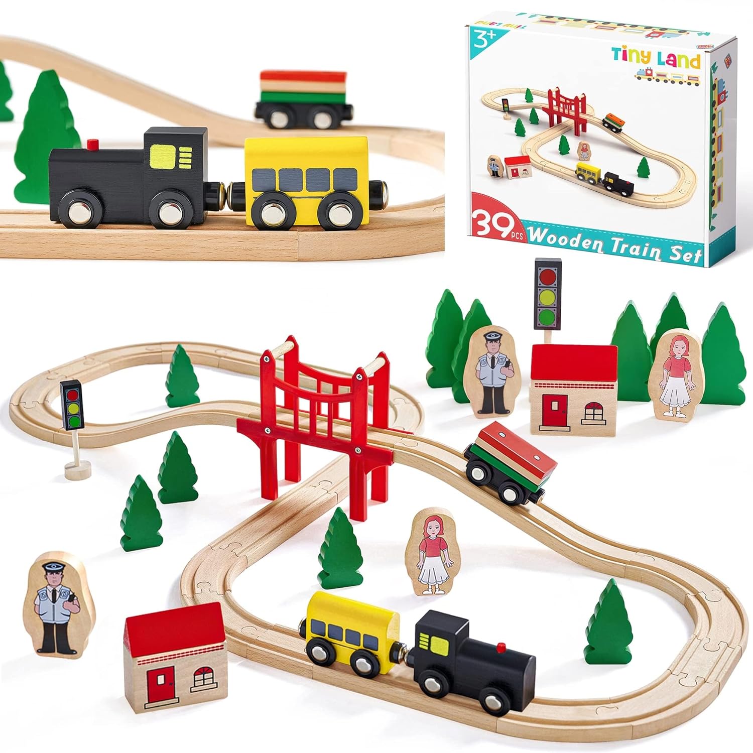 39 PCS Wooden Train Set with Tracks, Vehicles Toys