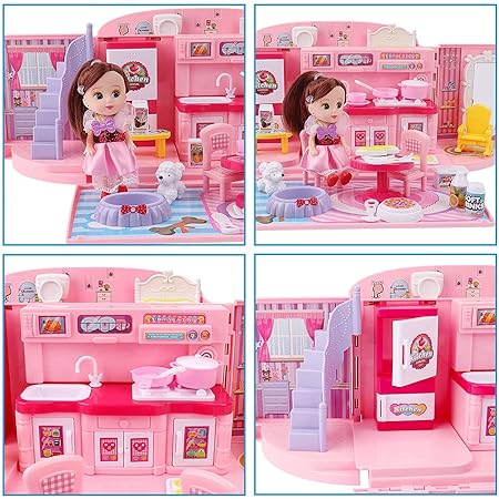 2-in-1 Light & Music Portable Pink Doll House Play Set with Carry Case and Doll – Mini Doll House in a Stylish Handbag- Great Gift for Kids