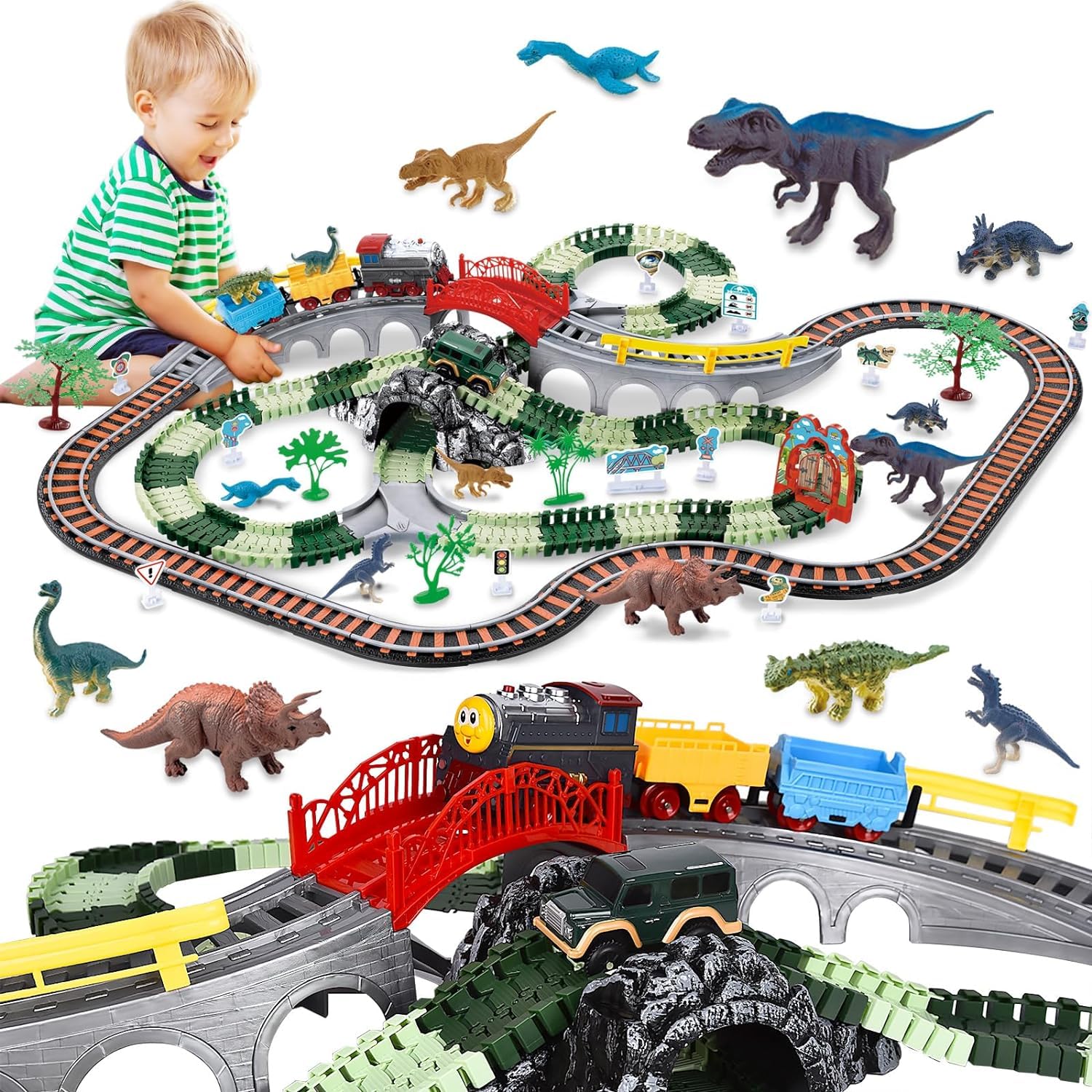 DIY Dinosaur fexible Train & Car Track toy Set- 259 pcs