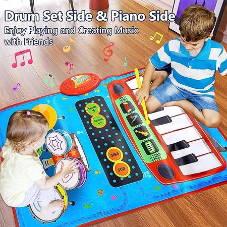 2 in 1 Musical Mat for Toddlers-Musical Toys- Piano Keyboard & Drum for Toddlers- Early Education Toys for Baby Girls Boys