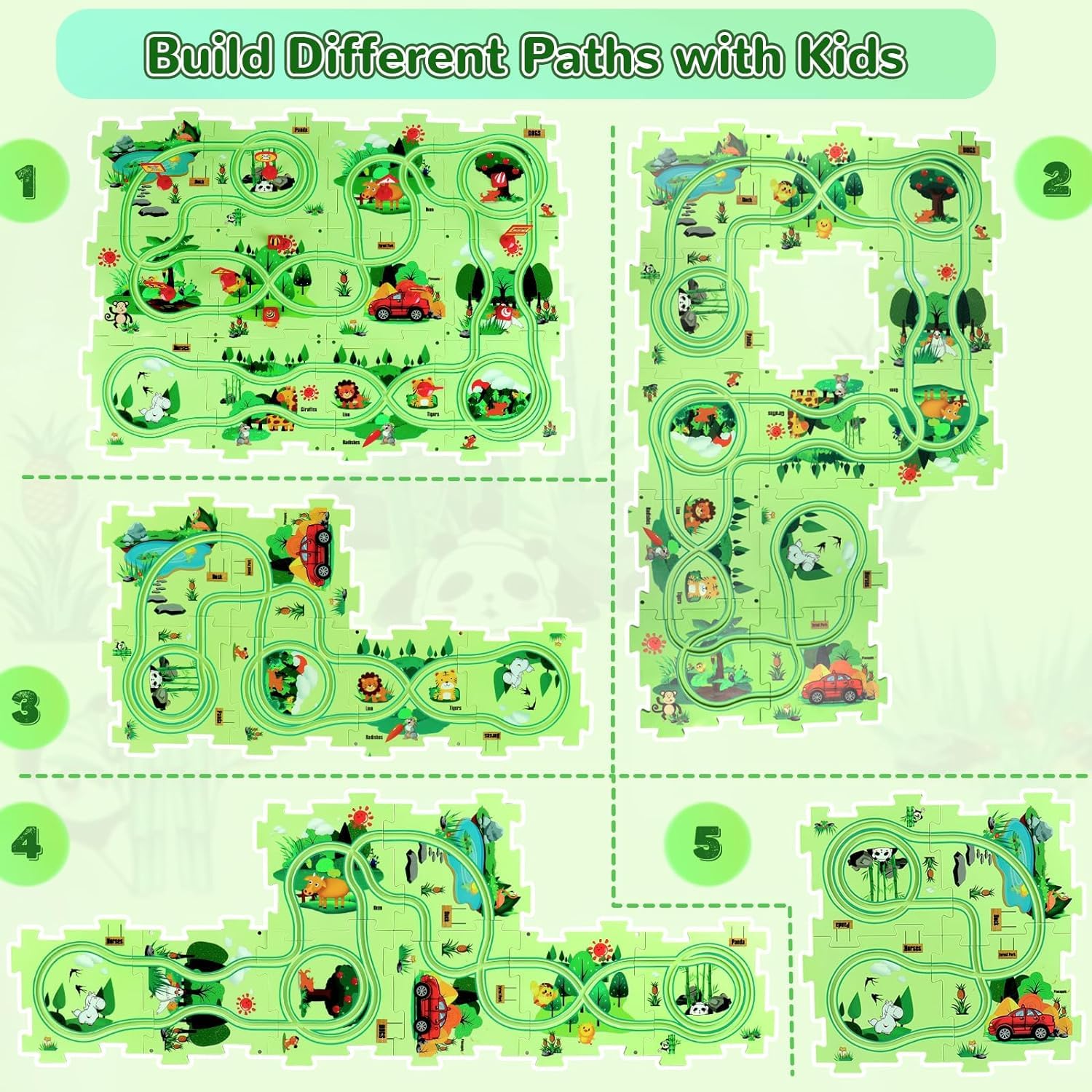 25 pcs Car Puzzle Track Set for Kids with A Cute Vehicle Toddler Puzzle Track Play Set- Jungle Theme