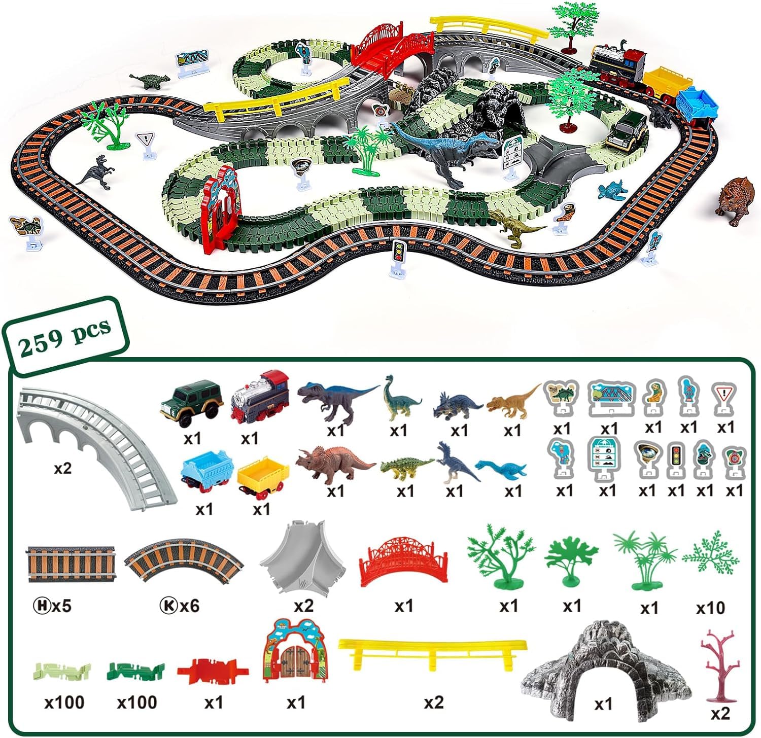 DIY Dinosaur Flexible Train & Car Track Set- 259 pcs