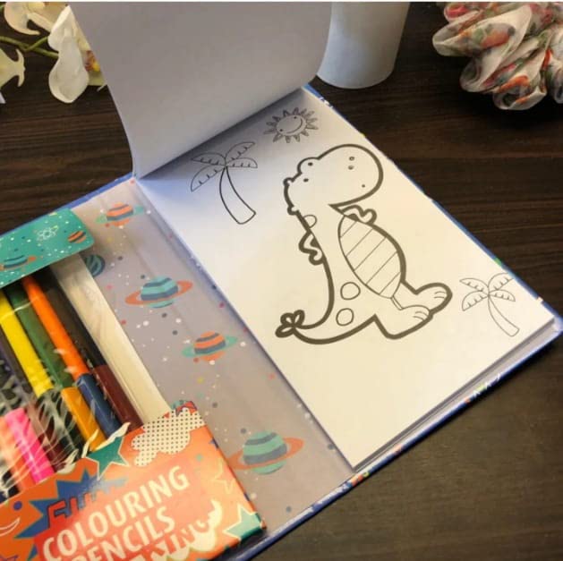 Travel Coloring Kit for Kids- No Mess Dinosaur Coloring Set with 60 Coloring Pages and 8 double sided Coloring Pencils