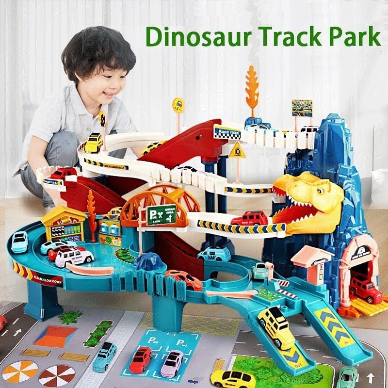 Dinosaur Car Race Track Play Set with 4 Mini Race Cars & Accessories