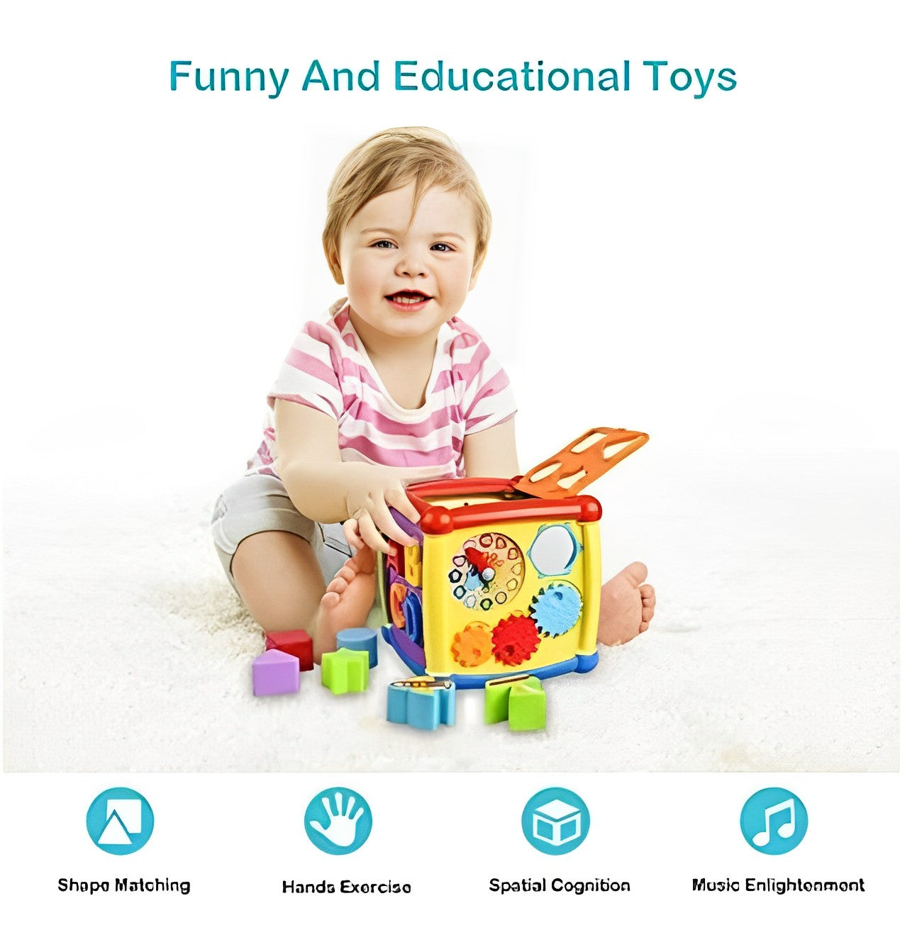 Fancy Cube Activity Toy, Shapes-Colour-Vehicle-Alphabets Sorter Blocks with Music for Babies