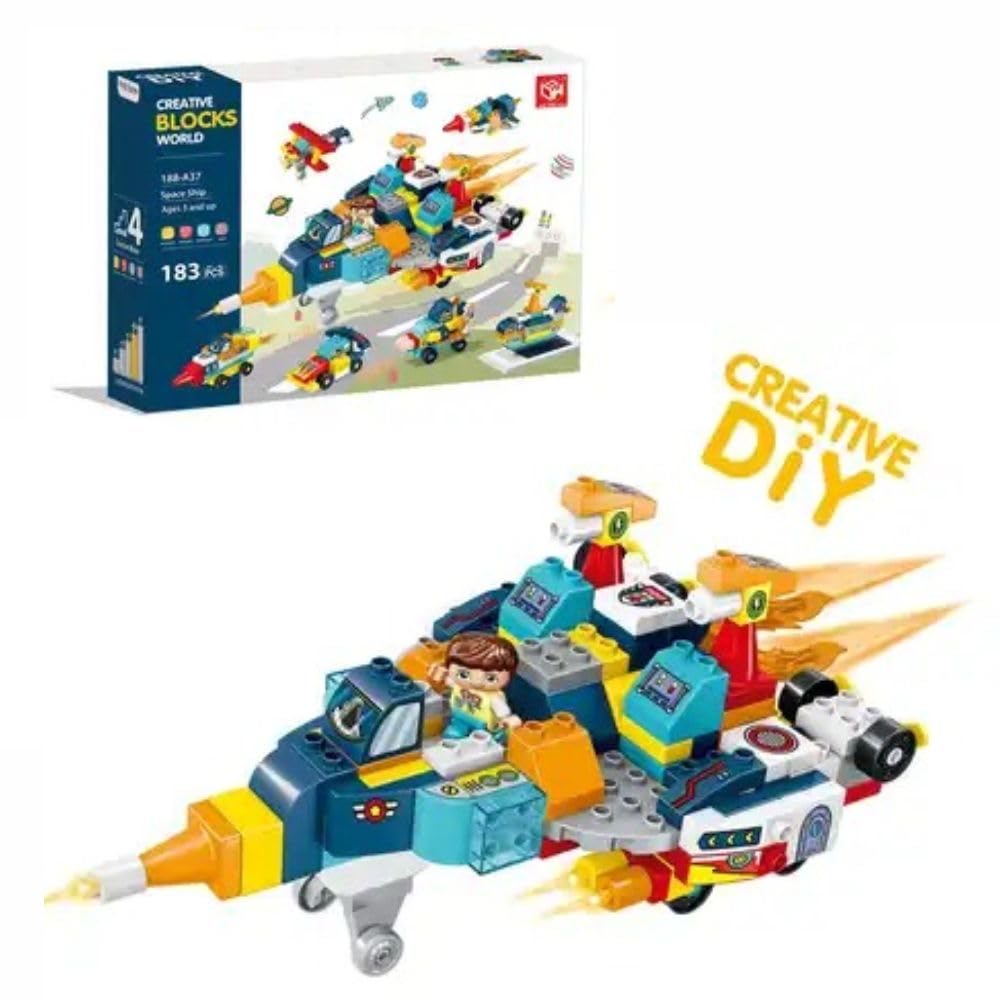 DIY Creative Building Blocks Big Size- Create Starship, Racing Cars, Submarines, Fighter Planes & More Models- 183 Pcs Bright Colorful Bricks Set Educational Toys for Kids