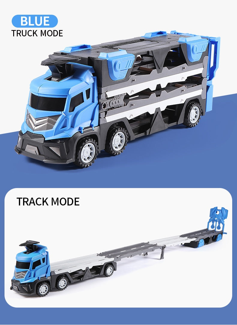 Mega Hauler Truck with Ejection Race Track & Storage Transporter with 6 Diecast Cars