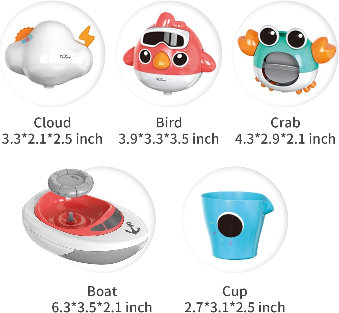 Baby Bath Toys Set- 5 Charming Water Toys – a Bird, Crab, Cloud, Wind up Boat, and Cup for Endless Bath-time Enjoyment for Toddlers and Kids