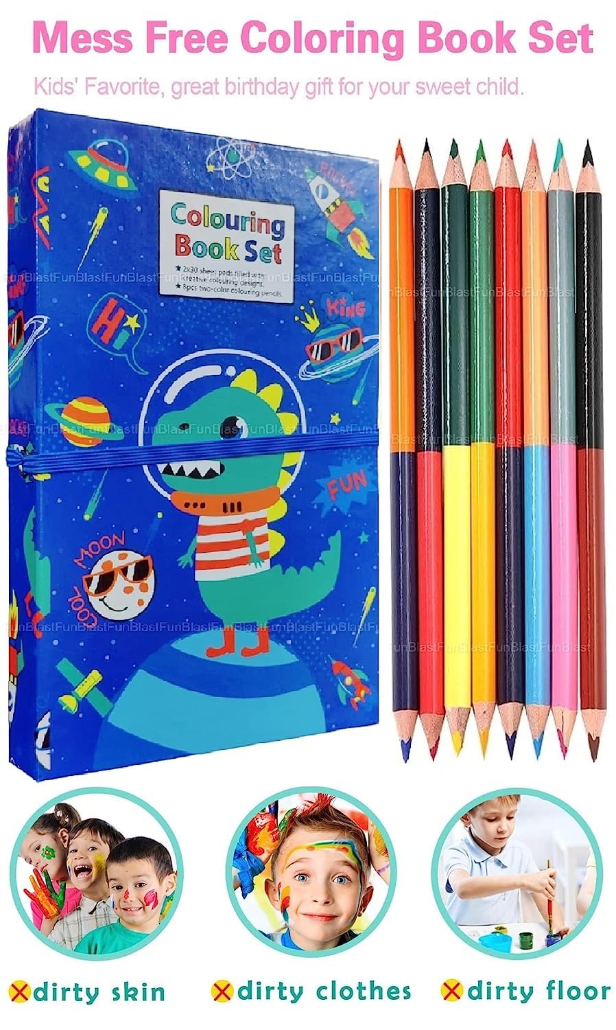 Travel Coloring Kit for Kids- No Mess Space Coloring Set with 60 Coloring Pages and 8 double sided Coloring Pencils