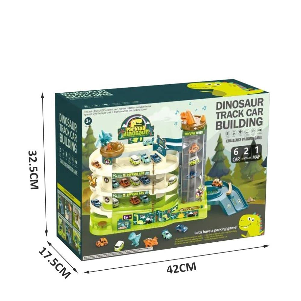 Dinosaur 4 Car Parking Race Track Set - Light & Music 3 Level Parking Lot Toy - Automatic & Manual Playset