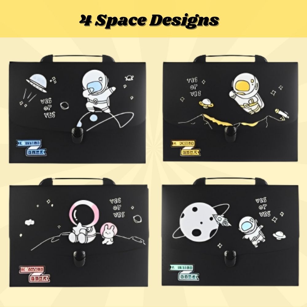 Space Theme 12 Pocket Expanding File Folder with Color Labels, Waterproof Vinyl Document Folder Bag A4 Size (Random Design)