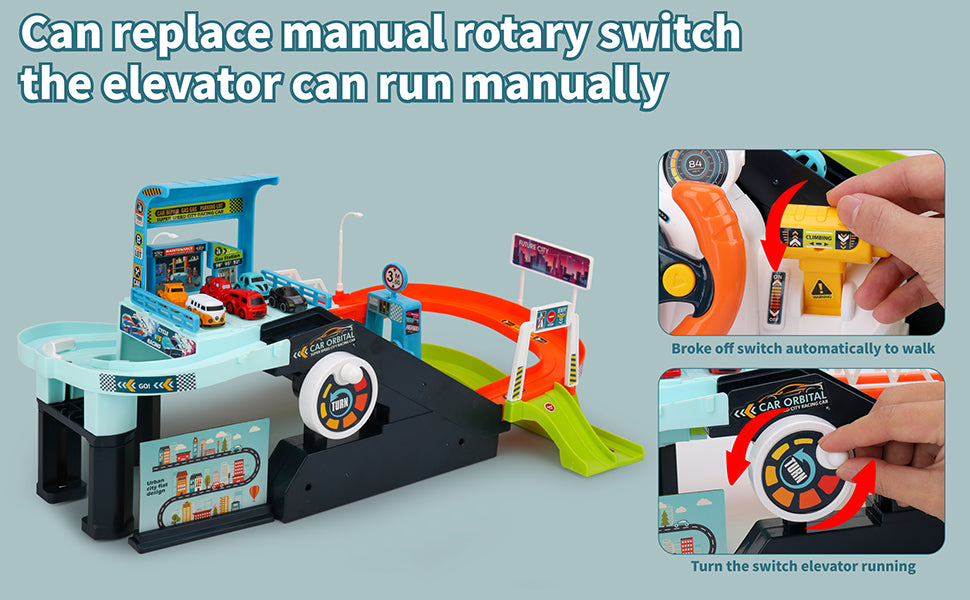 Urban Rail Car Adventure Race Track | Simulated Driving Steering Wheel Musical Toy | Parking Lot Playsets for Kids