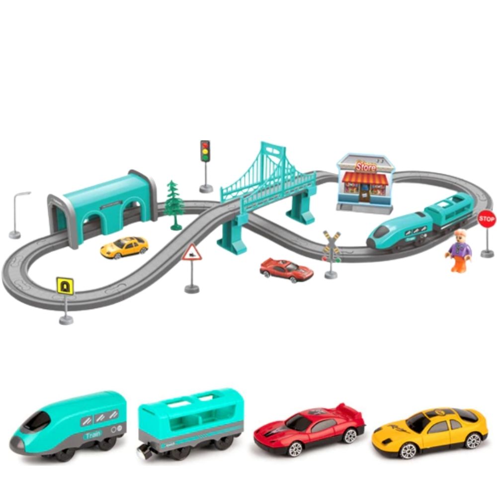 DIY Train & Car Track Set for Kids-66 pcs| Battery-Powered Train Toys| City Theme Accessories for Kids