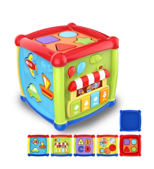 Fancy Cube Activity Toy, Shapes-Colour-Vehicle-Alphabets Sorter Blocks with Music for Babies