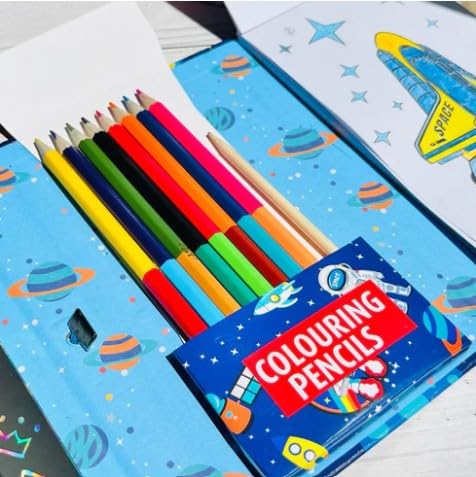 Travel Coloring Kit for Kids- No Mess Space Coloring Set with 60 Coloring Pages and 8 double sided Coloring Pencils