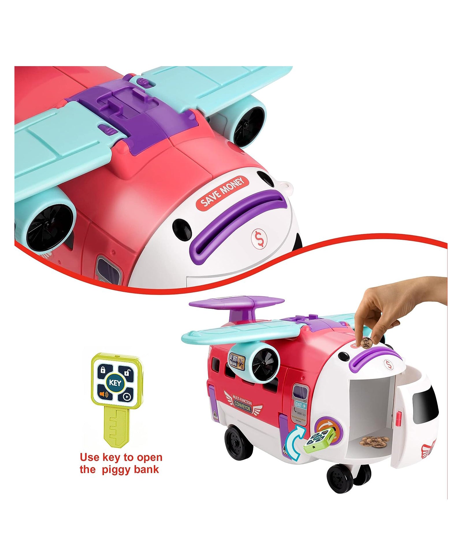 4-in-1 Airplane Piggy Bank Toy with Light & Music: This toy offers driving simulation, airplane fun, and includes lights and music for kids