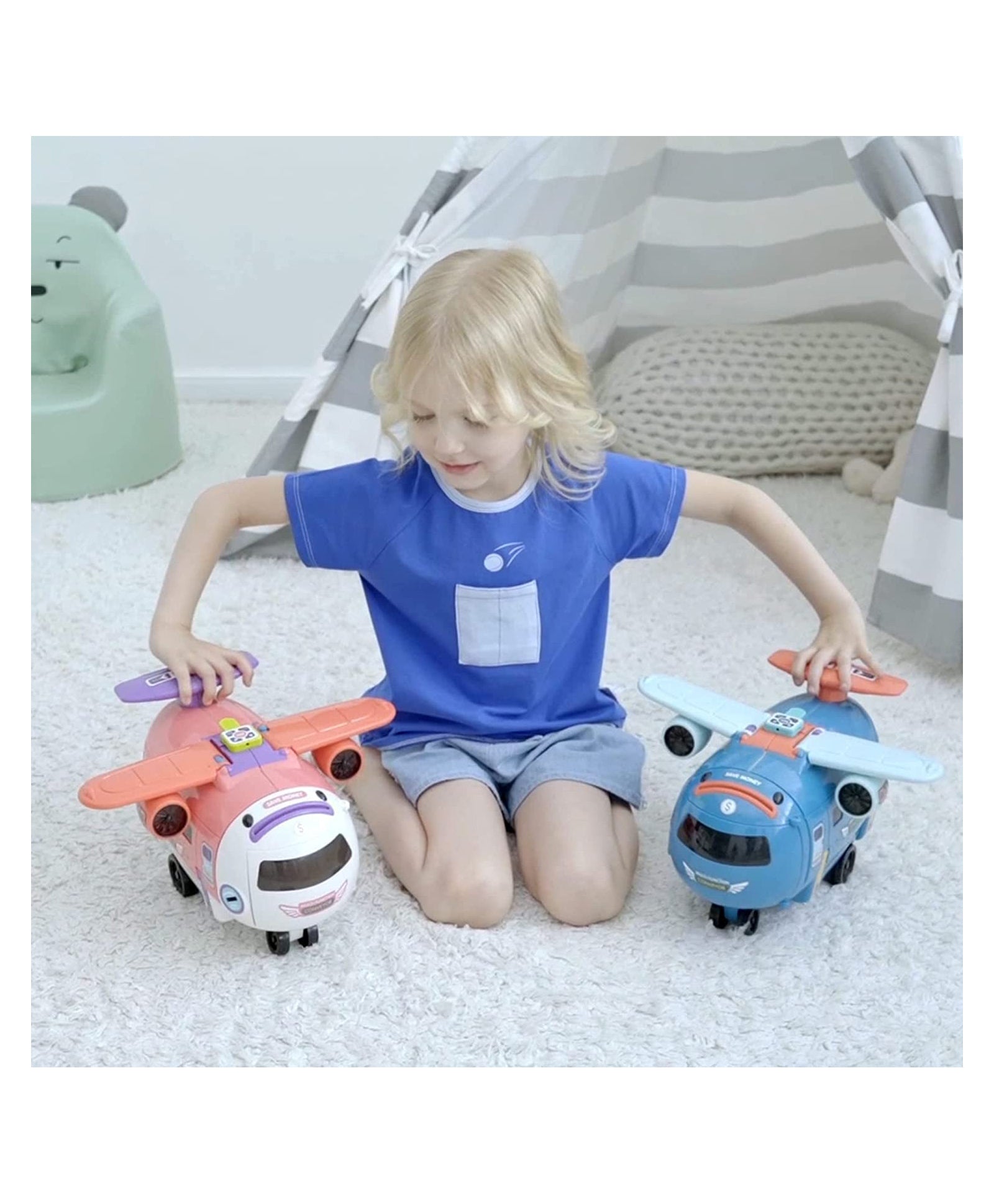 4-in-1 Airplane Piggy Bank Toy with Light & Music: This toy offers driving simulation, airplane fun, and includes lights and music for kids