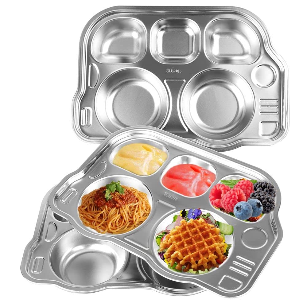 Stainless Steel Divided Meal Plate Tray-5 Compartments Dinner Dish for Baby- Bus Design