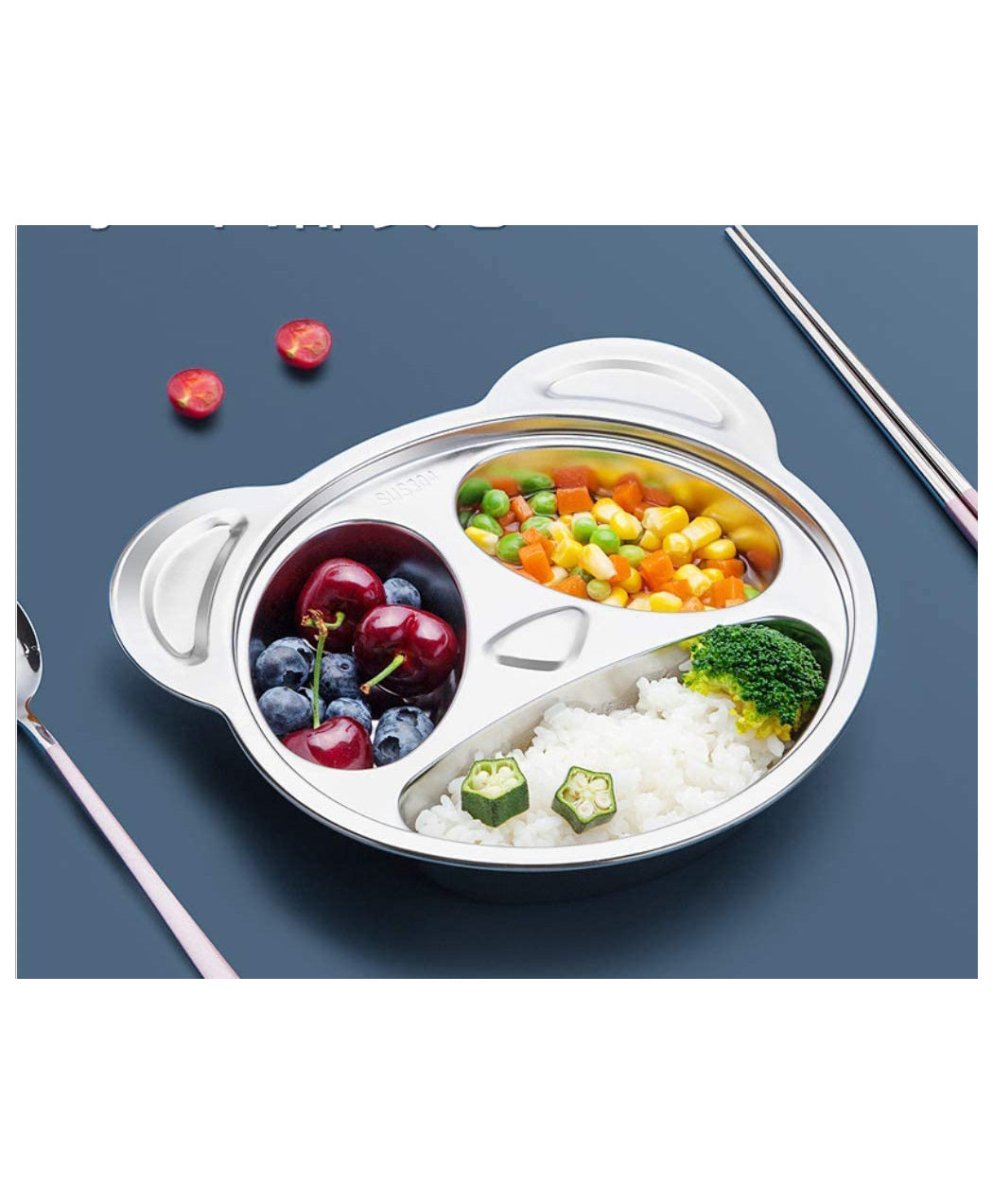 Stainless Steel Divided Meal Plate Tray-3 Compartments- Bear Design