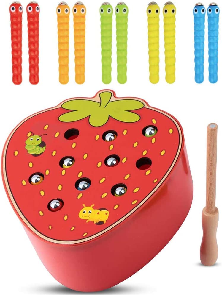 Wooden Sorting & Stacking Toy- Skills Enhancement Motor Skill Toy for Toddlers/ Kid -Magnetic Strawberry- Capture The Worms Toy