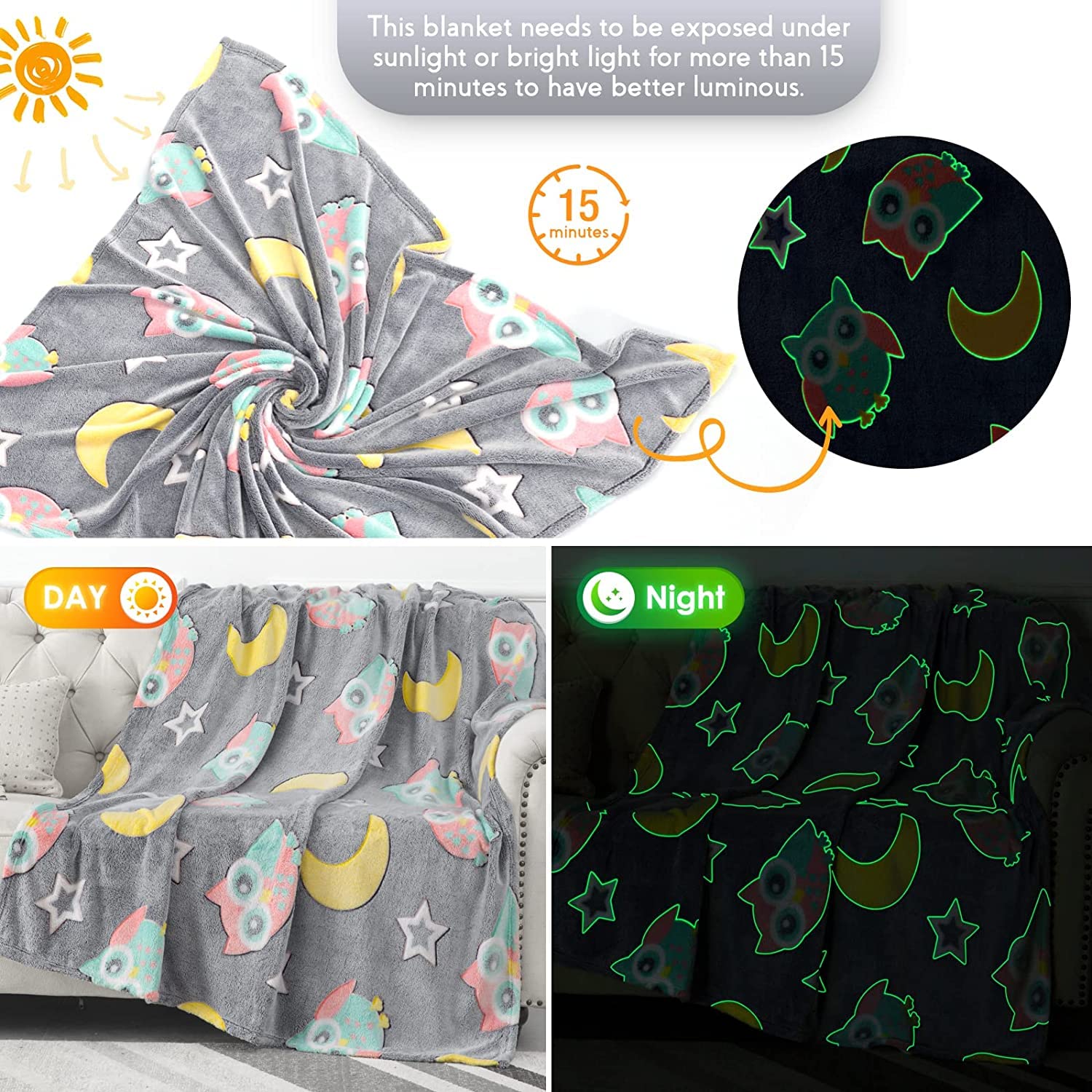 Owl Glow in The Dark Soft & Cozy Blanket- 80 x 60 inch