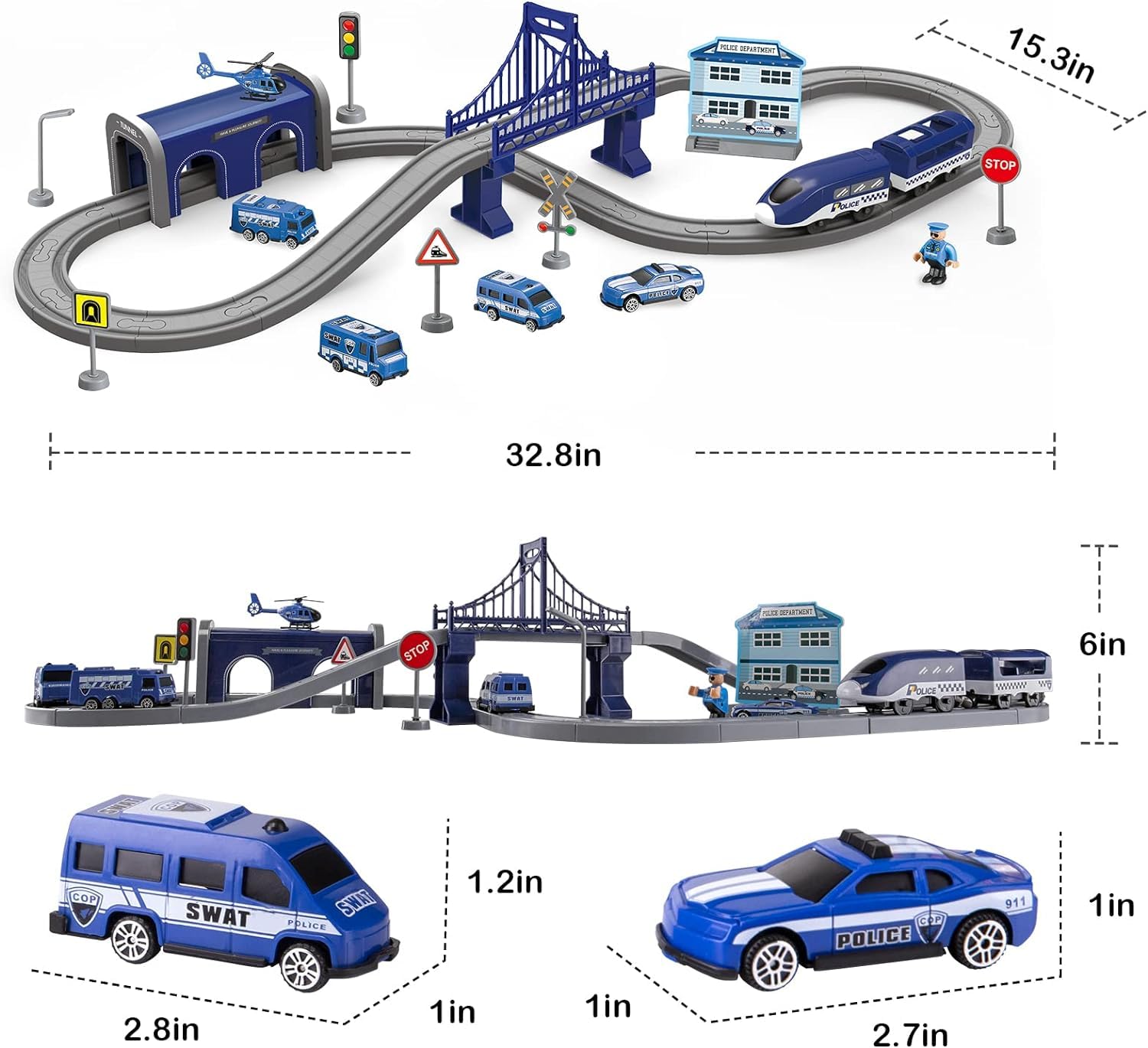 DIY Train & Car Track Set for Kids-66 pcs| Battery-Powered Train Toys | Police Rescue Theme Accessories for 3 4 5 6 Years Old Kids-Boys & Girls- Blue