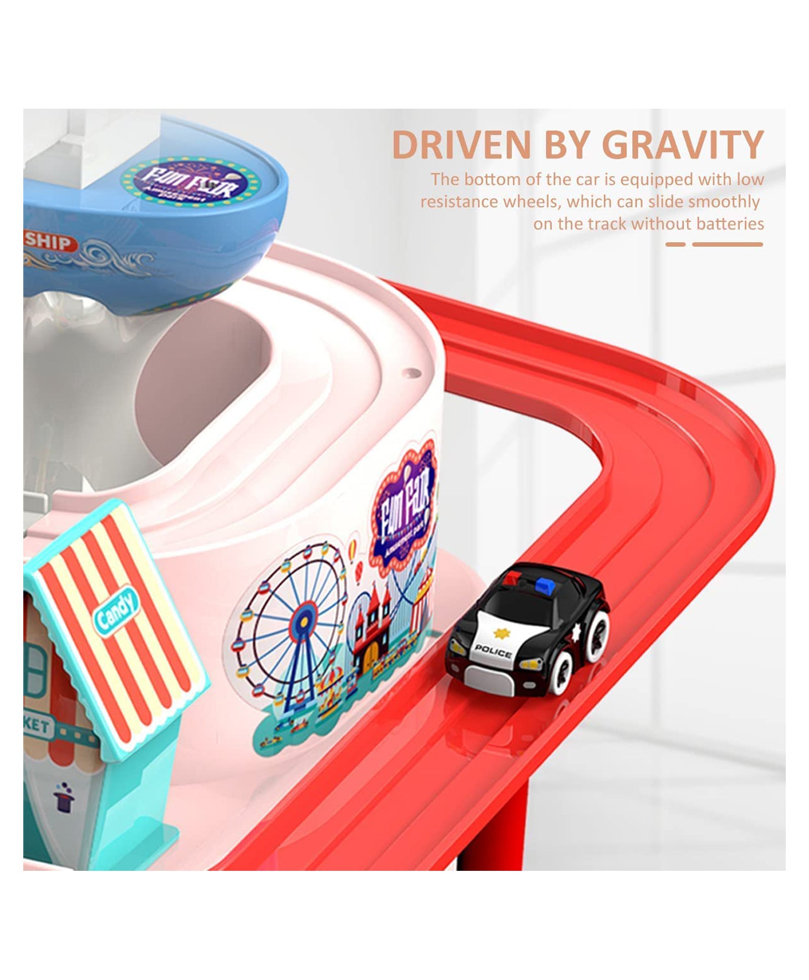 Amusement Car Race Track Play Set with 4 Mini Race Cars & Accessories