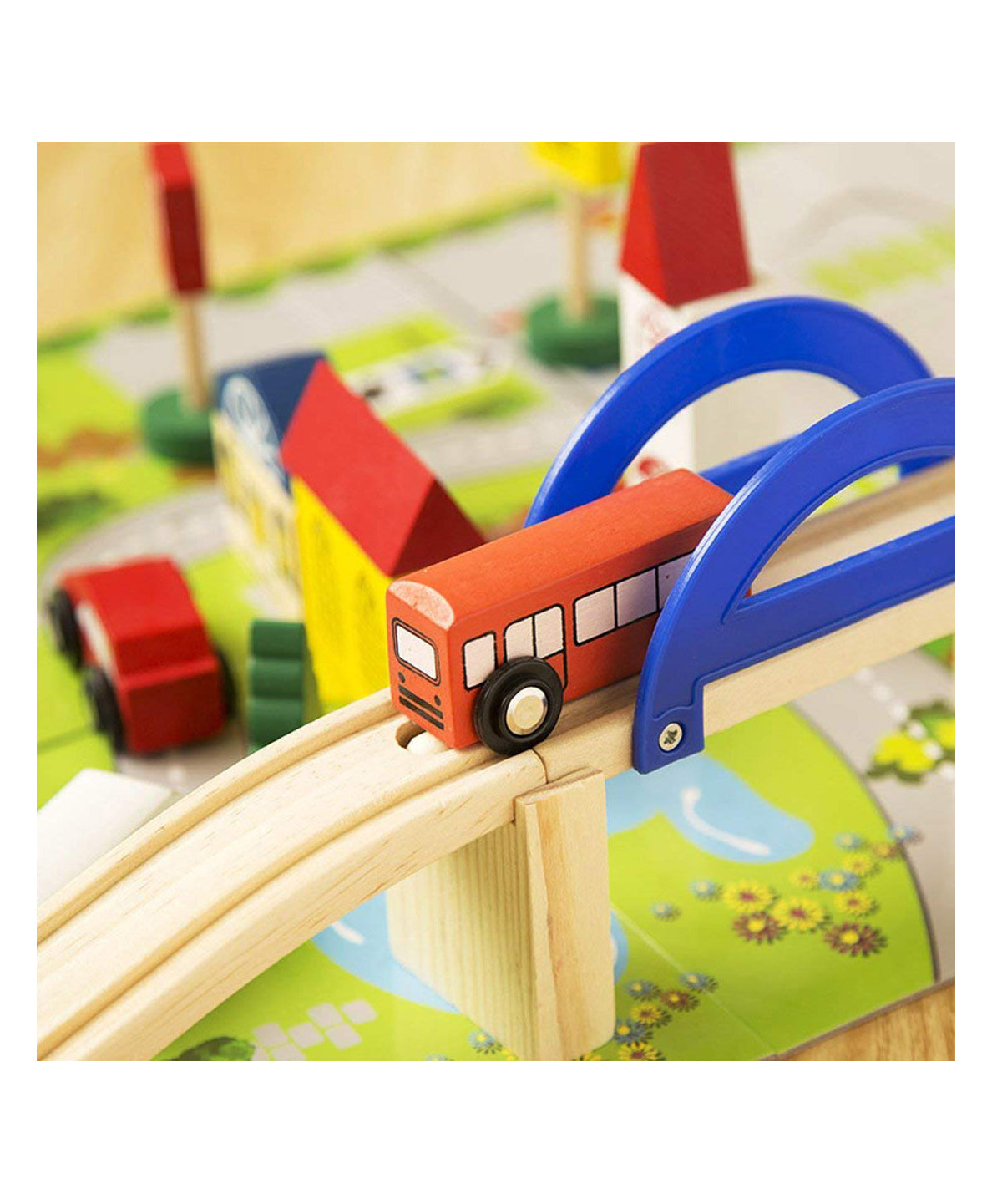 40 PCS Wooden Track Car Bridge Toy Set with Puzzle Playmat & Scenic Accessories